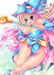 Rule 34 | 1girl, :d, aqua eyes, bare shoulders, blonde hair, blush, boots, breasts, cleavage, dark magician girl, detached sleeves, duel monster, hat, kogarashi (wind of winter), large breasts, leg up, long hair, no panties, open mouth, pentacle, pentagram, smile, solo, thighs, wand, wizard hat, yu-gi-oh!, yuu-gi-ou, yu-gi-oh! duel monsters