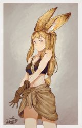 Rule 34 | 1girl, absurdres, aidenr0, animal ear fluff, animal ears, bare shoulders, blonde hair, blue eyes, border, breasts, cleavage, clothes around waist, collarbone, commentary, cowboy shot, crop top, english commentary, fullmetal alchemist, gloves, highres, light blush, long hair, looking at viewer, medium breasts, midriff, navel, ponytail, rabbit ears, rabbit tail, shirt, shirt around waist, sidelocks, signature, smile, solo, standing, tail, tank top, thighs, v arms, white border, winry rockbell