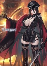 Rule 34 | 1girl, between breasts, black hair, breasts, cape, cleavage, closed mouth, commentary request, copyright name, cuboon, epaulettes, evertale, gloves, hat, highres, holding, holding sword, holding weapon, katana, large breasts, lips, logo, long hair, long sleeves, looking at viewer, official art, peaked cap, red eyes, shiny skin, simple background, smile, sword, thighhighs, thighs, very long hair, weapon