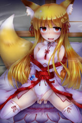 Rule 34 | 1girl, animal ears, bare shoulders, bell, blonde hair, censored, clothing aside, concon-collector, female masturbation, fox ears, fox tail, hair bell, hair ornament, hair ribbon, highres, kneeling, leotard, leotard aside, looking at viewer, masturbation, mosaic censoring, off shoulder, orange eyes, original, pussy, pussy juice, pussy juice trail, ribbon, saliva, shimo (depthbomb), solo, spread legs, spread pussy, sweat, tail, thighhighs, white thighhighs