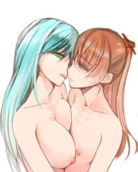 Rule 34 | 10s, 2girls, aqua hair, asymmetrical docking, breast press, breasts, brown hair, collarbone, flat chest, green eyes, hair ornament, hair stick, kantai collection, kumano (kancolle), kurokuro, large breasts, long hair, multiple girls, nipples, simple background, suzuya (kancolle), tongue, tongue out, topless, white background, yuri