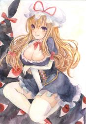 Rule 34 | 1girl, between legs, blonde hair, bow, breast hold, breasts, choker, cleavage, corset, dress, elbow gloves, female focus, frilled dress, frills, gap (touhou), gloves, gradient eyes, hair bow, hand between legs, hat, hat ribbon, highres, hip focus, kotsu (shioripc), large breasts, long hair, looking at viewer, mob cap, multicolored eyes, painting (medium), puffy short sleeves, puffy sleeves, purple dress, purple eyes, red eyes, red footwear, ribbon, ribbon choker, shoes, short sleeves, smile, solo, thick thighs, thighhighs, thighs, touhou, traditional media, watercolor (medium), white gloves, white thighhighs, yakumo yukari, yellow eyes