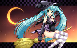 Rule 34 | 1girl, aqua hair, broom, broom riding, cape, female focus, gloves, green eyes, hat, hatsune miku, headset, highres, legs, long hair, open mouth, outdoors, sidesaddle, sky, solo, suzui narumi, thighhighs, twintails, very long hair, vocaloid, wallpaper, witch, witch hat