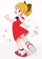 Rule 34 | 1girl, absurdres, blonde hair, blue eyes, bow, dress, full body, hair bow, highres, looking at viewer, looking back, mega man (classic), mega man (series), open mouth, ponytail, red dress, roll (mega man), rorobo 15, short sleeves, smile, solo