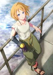 Rule 34 | 1girl, against railing, ahoge, blue eyes, cyborg, day, decadence (anime), from above, highres, against railing, looking at viewer, natsume (decadence), ocza, orange hair, outdoors, prosthesis, prosthetic arm, railing, sandals, short hair, solo