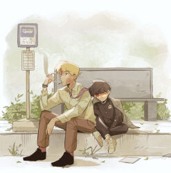Rule 34 | 2boys, bench, black eyes, black footwear, black hair, blonde hair, blood, blood on face, brown pants, bus stop, buttoned cuffs, buttons, closed eyes, closed mouth, collared shirt, commentary, gakuran, hand up, highres, jacket, jacket on shoulders, kageyama shigeo, korean commentary, long sleeves, male focus, mob psycho 100, mp100days, multiple boys, necktie, outdoors, pants, pink necktie, reigen arataka, school uniform, shirt, shoes, short hair, sign, sitting, sleeping, sleeping on person, sleeping upright, smoke, smoking, sneakers, white footwear