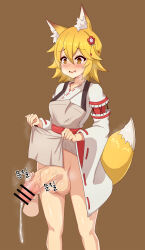 Rule 34 | 1girl, 1other, absurdres, animal ear fluff, animal ears, apron, apron lift, blonde hair, brown background, clothes lift, disembodied hand, drooling, feet out of frame, flower, fox ears, fox girl, fox tail, futanari, grey apron, hair between eyes, hair flower, hair ornament, handjob, highres, japanese clothes, kimono, large penis, large testicles, lifted by self, long sleeves, open mouth, penis, pm byeol-i, precum, senko (sewayaki kitsune no senko-san), sewayaki kitsune no senko-san, short hair, simple background, smile, solo focus, standing, tail, testicles, veins, veiny penis, white kimono, wide sleeves, yellow eyes