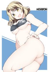 Rule 34 | 1girl, :d, ass, bare legs, bikini, breasts, brown eyes, character name, clothes writing, feet out of frame, houston (kancolle), kantai collection, large breasts, light brown hair, navel, open mouth, shigino sohuzi, short hair, smile, solo, sports bikini, swimsuit