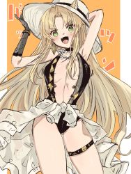 Rule 34 | 1girl, :d, an fyhx, animal ears, arknights, armpits, arms up, black gloves, black one-piece swimsuit, blonde hair, blush, breasts, breasts apart, casual one-piece swimsuit, center opening, clothes around waist, commentary, contrapposto, cowboy shot, ears through headwear, elbow gloves, fangs, gloves, gluteal fold, green eyes, hands on headwear, hat, highres, jewelry, long hair, looking at viewer, medium breasts, necklace, official alternate costume, one-piece swimsuit, open mouth, orange background, parted bangs, simple background, single glove, skindentation, smile, solo, sun hat, swimsuit, swire (arknights), symbol-only commentary, thigh strap, tiger ears, v-shaped eyebrows, very long hair, wardrobe malfunction, white hat