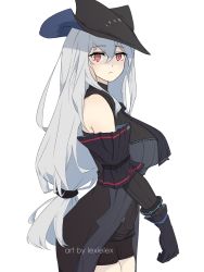 Rule 34 | 1girl, arknights, arm at side, armlet, artist name, breasts, detached sleeves, expressionless, from side, gloves, grey hair, hair between eyes, hat, highres, infection monitor (arknights), large breasts, lexielex, long hair, looking at viewer, low-tied long hair, off-shoulder shirt, off shoulder, shirt, shorts, simple background, skadi (arknights), skadi (elite ii) (arknights), skindentation, solo, tilted headwear, watermark, white background