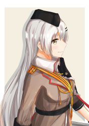 Rule 34 | 1girl, absurdres, belt, breasts, brown background, brown jacket, girls&#039; frontline, grey eyes, grey hair, hair ornament, hairclip, hat, highres, huge filesize, jacket, long hair, looking at viewer, military, military hat, military uniform, muteppona hito, profile, shirt, smile, solo, svd (girls&#039; frontline), tape, uniform, white hair, white shirt
