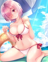 Rule 34 | 1girl, adapted costume, beach, beach towel, beach umbrella, bikini, blush, breasts, cleavage, collarbone, day, fate/grand order, fate (series), front-tie top, gluteal fold, hair over one eye, haruka natsuki, inflatable toy, innertube, kneeling, large breasts, mash kyrielight, mash kyrielight (swimsuit of perpetual summer), navel, official alternate costume, outdoors, parted lips, pink bikini, pink eyes, pink hair, short hair, side-tie bikini bottom, sitting, solo, strap pull, swim ring, swimsuit, towel, umbrella, white bikini
