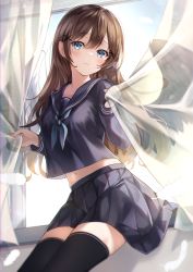 Rule 34 | 1girl, absurdres, angel, angel wings, black sailor collar, black serafuku, black skirt, black thighhighs, blue eyes, blue neckerchief, blush, breasts, brown hair, closed mouth, commentary request, cowboy shot, crop top, curtains, day, feathers, fuyoyo, hair ornament, highres, holding, indoors, long hair, long sleeves, looking at viewer, medium breasts, midriff, nail polish, navel, neckerchief, orange nails, original, pleated skirt, raised eyebrows, sailor collar, school uniform, see-through silhouette, serafuku, simple background, sitting, skirt, solo, thighhighs, white wings, window, wings, x hair ornament, zettai ryouiki
