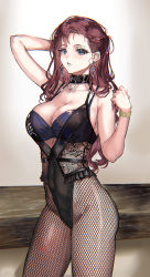 Rule 34 | 1girl, arm up, bare shoulders, bra, bracelet, breasts, choker, cleavage, earrings, fishnet legwear, fishnets, frills, green eyes, highres, jewelry, large breasts, lingerie, lips, looking at viewer, navel, original, purple hair, ran&#039;ou (tamago no kimi), red hair, revealing clothes, see-through, see-through legwear, skin tight, skindentation, solo, standing, thick thighs, thighs, underwear