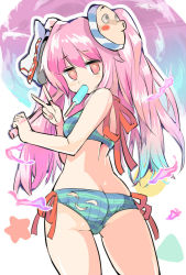 Rule 34 | 1girl, alternate costume, alternate hairstyle, ass, bikini, blush, expressionless, flat ass, fox mask, from behind, hata no kokoro, hyottoko mask, jpeg artifacts, long hair, looking at viewer, looking back, mask, mouth hold, pink eyes, pink hair, plaid, plaid bikini, popsicle, puuakachan, side-tie bikini bottom, solo, swimsuit, touhou, twintails, v