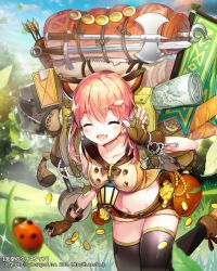 Rule 34 | 1girl, animal ears, arrow (projectile), axe, backpack, bad id, bad pixiv id, bag, baguette, bedroll, black thighhighs, blush, bread, brown gloves, bug, coin, collarbone, closed eyes, fingerless gloves, fish hair ornament, food, gio (maroon0924), gloves, gold, grass, hair ornament, insect, jewelry, key, charm (object), ladybug, lantern, map, midriff, navel, necklace, official art, open mouth, original, outdoors, pearl necklace, pink hair, pot, pouch, quiver, sack, short hair, short shorts, shorts, solo, stomach, suitcase, sword, tenkuu no crystalia, thighhighs, walking, waving, weapon, zettai ryouiki