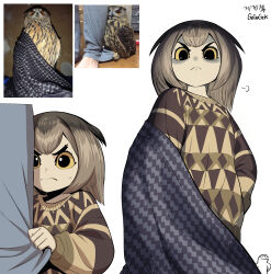 1girl :&lt; bird bird_girl blanket brown_hair creature_and_personification frown gegegekman glaring highres looking_at_viewer original owl owl_ears owl_girl personification photo-referenced reference_inset shirt_tug solo sweat sweater thick_eyebrows yellow_eyes