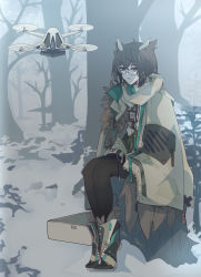 Rule 34 | 1girl, absurdres, arknights, bare tree, black pantyhose, boots, brown eyes, brown hair, cheschorv, coat, commentary, drone, fog, forest, full body, green shirt, highres, id card, looking at viewer, nature, official alternate costume, open clothes, open coat, outdoors, owl ears, pantyhose, parted lips, rhine lab logo, scarf, shirt, short hair, silence (arknights), silence (frosted breath) (arknights), sitting, snow, solo, symbol-only commentary, tree, tree stump, white coat, white footwear, white scarf, winter