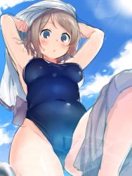 Rule 34 | 1girl, blue eyes, blue one-piece swimsuit, breasts, cameltoe, competition swimsuit, highres, legs, light brown hair, looking at viewer, love live!, love live! sunshine!!, medium breasts, one-piece swimsuit, robin16, school swimsuit, solo, swimsuit, undressing, watanabe you