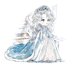 Rule 34 | 1girl, blue cape, blue dress, blue eyes, blue sleeves, blush stickers, cape, coat, commentary, dress, floral print, frilled dress, frills, full body, fur-trimmed cape, fur trim, gloves, grey hair, grey headwear, hand on railing, high collar, layered dress, long dress, long eyelashes, long hair, long sleeves, looking ahead, open mouth, original, red lips, saelah andlus, simple background, smile, snowflake print, solo, stairs, symbol-only commentary, tiara, white background, white coat, white dress, white gloves