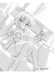 Rule 34 | 1girl, aida takanobu, alice margatroid, bare shoulders, book, bra, couch, doll, dutch angle, female focus, greyscale, lingerie, monochrome, off shoulder, open clothes, open shirt, petite, shanghai doll, shirt, solo, thighhighs, touhou, underwear, undressing