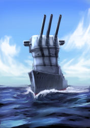 Rule 34 | 10s, cannon, cloud, day, destroyer, ishii hisao, kantai collection, looking up, military, military vehicle, no humans, ocean, pun, ship, ship request, sky, too literal, turret, warship, watercraft, waves