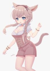 Rule 34 | 1girl, :d, absurdres, animal ears, blue eyes, bow, bracelet, braid, breasts, cat ears, cat tail, cleavage, facial mark, female focus, final fantasy, final fantasy xiv, grey hair, hair bow, highres, jewelry, looking at viewer, medium breasts, miqo&#039;te, open mouth, overall shorts, overalls, racal ra, simple background, smile, solo, tail, twin braids, twitter username, warrior of light (ff14), white background