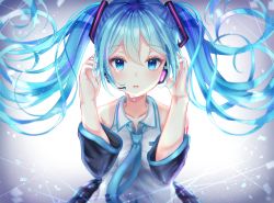 Rule 34 | 1girl, ai (sigatutoukaa), bad id, bad pixiv id, black skirt, black sleeves, blue eyes, blue hair, blue nails, blue necktie, collared shirt, detached sleeves, dress shirt, floating hair, grey background, hair between eyes, hatsune miku, headphones, headset, highres, long hair, long sleeves, looking at viewer, microphone, miniskirt, nail polish, necktie, open mouth, shirt, skirt, sleeveless, sleeveless shirt, solo, twintails, upper body, very long hair, vocaloid, white shirt, wing collar