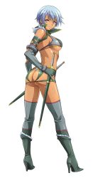 Rule 34 | 1girl, armor, ass, back, bare shoulders, bikini armor, blue hair, blue panties, boots, breasts, dagger, dark-skinned female, dark skin, elbow gloves, fang assassin irma, female focus, fur trim, g-string, gloves, high heel boots, high heels, highres, irma (queen&#039;s blade), irma (queen's blade), knife, large breasts, lipstick, looking at viewer, looking back, makeup, official art, panties, parted lips, queen&#039;s blade, red eyes, rin-sin, sheath, sheathed, short hair, smile, solo, standing, sword, thighhighs, thong, underboob, underwear, weapon, white background
