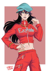 Rule 34 | 1girl, absurdres, aqua headwear, bambietta basterbine, black hair, bleach, bleach: sennen kessen-hen, blue eyes, brown background, cropped jacket, hair between eyes, hand up, highres, jacket, long hair, long sleeves, looking at viewer, midriff, navel, official alternate costume, open mouth, pants, pocket, print jacket, rakusakugk, red jacket, red pants, signature, smile, solo, two-tone background, white background, zipper pull tab