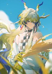 Rule 34 | 1girl, arknights, bare shoulders, blue hair, blue sky, blurry, blurry background, closed mouth, cloud, collarbone, colored skin, cowboy shot, day, dragon girl, dragon horns, falling leaves, floating hair, green hair, grey hair, hair between eyes, hair intakes, heqing, highres, holding, holding plant, horns, jacket, jewelry, leaf, long hair, long sleeves, looking down, multicolored hair, necklace, off shoulder, open clothes, open jacket, outdoors, pants, plant, rice (plant), shirt, shu (arknights), sidelocks, sky, smile, solo, strapless, strapless shirt, streaked hair, very long hair, white jacket, white pants, white shirt