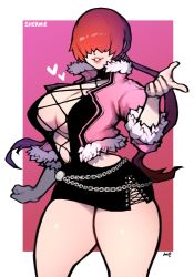 Rule 34 | 1girl, breasts, character name, cleavage, dress, feet out of frame, fur-trimmed jacket, fur trim, ginseng (xin), hair over eyes, highres, jacket, large breasts, lips, long hair, pink background, pink jacket, ponytail, red hair, revealing clothes, shermie (kof), snk, solo, the king of fighters, the king of fighters xv, thighs, two-tone background, white background