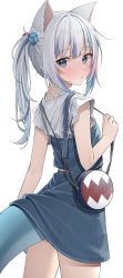 Rule 34 | 1girl, absurdres, animal ears, bag, blue eyes, blue hair, blush, cat ears, denim, denim skirt, fins, fish tail, from behind, gawr gura, gawr gura (casual), hair ornament, handbag, highres, hololive, hololive english, kawai ritsu (rits meg), legs, looking at viewer, multicolored hair, official alternate costume, parted lips, shark tail, side ponytail, sidelocks, simple background, skirt, solo, standing, streaked hair, tail, virtual youtuber, white background, white hair