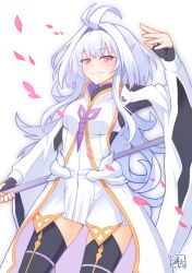 1girl ahoge black_thighhighs commentary_request eyelashes fate/grand_order fate_(series) fingerless_gloves gloves hibun_tsukasa holding holding_staff long_hair looking_at_viewer merlin_(fate/prototype) petals pink_eyes robe solo staff thighhighs very_long_hair white_background white_robe wide_sleeves