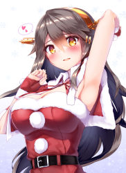 Rule 34 | 1girl, black hair, brown eyes, dress, fingerless gloves, fur-trimmed dress, fur trim, gloves, gradient background, grey background, hair ornament, hairband, hairclip, haruna (kancolle), headgear, heart, highres, kantai collection, long hair, looking at viewer, official alternate costume, red dress, red gloves, snowflake background, solo, spoken heart, strapless, tsukui kachou, upper body, white background