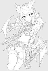 Rule 34 | 1girl, absurdres, au ra, bad id, bad twitter id, belt, braid, closed mouth, cropped jacket, cropped legs, dagger, dot nose, dragon horns, dual wielding, final fantasy, final fantasy xiv, fur-trimmed jacket, fur trim, gauntlets, grey background, greyscale, head tilt, highres, holding, holding dagger, holding knife, holding weapon, horns, jacket, knife, lineart, looking at viewer, low wings, midriff, monochrome, multiple horns, navel, open clothes, open jacket, reverse grip, samei ikusa, scabbard, scales, sheath, short hair, shorts, simple background, smile, solo, swept bangs, tail, thighhighs, unsheathed, warrior of light (ff14), weapon, wings
