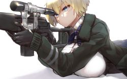 Rule 34 | 1girl, absurdres, aiming, black gloves, black jacket, blonde hair, blue eyes, blue ribbon, blue skirt, breasts, closed mouth, collared shirt, commentary request, convenient breasts, cowboy shot, girls&#039; frontline, gloves, gun, hair between eyes, highres, holding, holding gun, holding weapon, jacket, kurozukin (th krz 890), large breasts, long sleeves, lying, mole, mole under eye, neck ribbon, on stomach, open clothes, open jacket, ribbon, rifle, shadow, shirt, shirt tucked in, short hair, sidelocks, simple background, skirt, sniper rifle, solo, vsk-94, vsk-94 (girls&#039; frontline), weapon, white background, white shirt