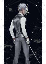 Rule 34 | 1boy, arms at sides, black background, btmr game, circle, collared shirt, commentary, confetti, covered face, english commentary, feet out of frame, formal, fox mask, from behind, gloves, grey hair, grey jacket, grey pants, grey vest, holding, holding sword, holding weapon, jacket, long sleeves, male focus, mask, original, pants, profile, sheath, sheathed, shirt, standing, suit, sword, unsheathed, vest, waistcoat, weapon, white gloves, white shirt
