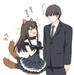 Rule 34 | 10s, 1boy, 1girl, animal ears, black dress, black gloves, blush, breasts, brown hair, business suit, cleavage, dog ears, dog tail, dress, earrings, formal, gloves, green eyes, idolmaster, idolmaster cinderella girls, jewelry, long hair, nakajima yuka, neck garter, necktie, producer (idolmaster), producer (idolmaster cinderella girls anime), shibuya rin, simple background, small breasts, smile, suit, tail, tail wagging, white background
