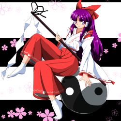 Rule 34 | 1girl, bow, detached sleeves, flower, full body, gohei, hair bow, hakama, hakama pants, hakurei reimu, hakurei reimu (pc-98), highres, japanese clothes, kimono, long hair, long sleeves, miko, no shoes, orb, pants, purple eyes, purple hair, red bow, red hakama, red pants, sitting, tabi, touhou, touhou (pc-98), white kimono, white legwear, wide sleeves, yagi10, yin yang, yin yang orb