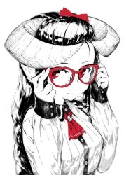 Rule 34 | 1girl, adjusting eyewear, animal ears, ascot, blurry, buttons, closed mouth, collared shirt, depth of field, glasses, greyscale, hair ribbon, highres, horned girl (jaco), horns, jaco, long hair, long sleeves, looking at viewer, monochrome, original, red-framed eyewear, red ascot, red eyes, red ribbon, ribbon, sash, shirt, simple background, solo, spot color, white background