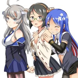 Rule 34 | 3girls, ahoge, bare shoulders, black hair, black neckwear, blue eyes, blue hair, blue neckwear, blue skirt, blush, closed mouth, crop top, detached sleeves, elbow gloves, glasses, gloves, green-framed eyewear, grey eyes, hairband, headgear, highres, japanese clothes, kantai collection, kirishima (kancolle), long hair, multicolored hair, multiple girls, necktie, nontraditional miko, one eye closed, open mouth, pencil skirt, pleated skirt, red hair, ribbon-trimmed sleeves, ribbon trim, shirt, short hair, simple background, skirt, sleeveless, sleeveless shirt, smile, south dakota (kancolle), star (symbol), teeth, tsukemon, upper teeth only, washington (kancolle), white background, white hair, white shirt, wide sleeves