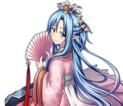 Rule 34 | 1girl, asuna (sao-alo), blue eyes, blue hair, blush, from behind, hair between eyes, hair ornament, hand fan, holding, holding fan, japanese clothes, kimono, layered clothes, layered kimono, long hair, looking back, pink kimono, pointy ears, sitting, smile, solo, sword art online, transparent background, very long hair