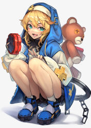 Rule 34 | 1boy, absurdres, androgyne symbol, aqua eyes, bike shorts, black gloves, blonde hair, blue footwear, bridget (guilty gear), commentary request, fingerless gloves, gloves, grey background, guilty gear, guilty gear strive, hakusyokuto, highres, looking at viewer, male focus, nun, open mouth, shoes, short hair, simple background, smile, solo, squatting, stuffed animal, stuffed toy, teddy bear, trap, v, yo-yo