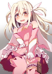 Rule 34 | 1girl, absurdres, ascot, bare shoulders, blonde hair, blush, breasts, bridal garter, cape, dress, elbow gloves, fate/kaleid liner prisma illya, fate (series), feather hair ornament, feathers, gloves, hair ornament, highres, illyasviel von einzbern, layered gloves, long hair, looking at viewer, open mouth, peisuto, pink dress, pink gloves, prisma illya, red eyes, sidelocks, skirt, small breasts, solo, tearing up, two side up, white cape, white gloves, white skirt