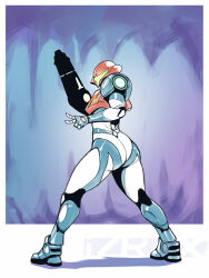 Rule 34 | 1girl, arm cannon, armor, armored boots, artist name, ass, boots, commentary, english commentary, from behind, full body, fusion suit, helmet, izra, metroid, metroid dread, nintendo, power armor, samus aran, solo, v, watermark, weapon