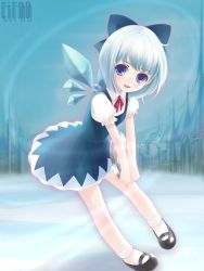 Rule 34 | 1girl, blue eyes, blue hair, blunt bangs, bob cut, bow, cirno, dress, embodiment of scarlet devil, female focus, holding, leaning forward, mary janes, matching hair/eyes, neck ribbon, outdoors, ribbon, shoes, sky, smile, socks, solo, touhou, town, v arms, wings, yori, yori (shitsuon)