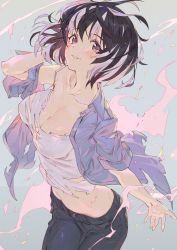 Rule 34 | 1girl, black hair, black pants, breasts, cleavage, collarbone, commentary, fire, hand in own hair, hanekawa tsubasa, highres, hxxg, jacket, looking at viewer, medium breasts, midriff, monogatari (series), multicolored hair, nekomonogatari white, open clothes, open jacket, pants, parted lips, pink fire, shirt, short hair, smile, solo, streaked hair, torn clothes, torn jacket, torn shirt, two-tone hair, white hair, white shirt