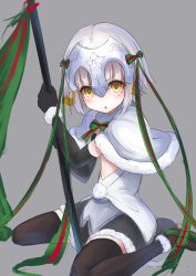 Rule 34 | 1girl, absurdres, aged down, bell, black gloves, black thighhighs, blush, bow, bowtie, capelet, chestnut mouth, copyright request, elbow gloves, eyebrows, fate/grand order, fate (series), fur trim, furrowed brow, gloves, green bow, green bowtie, green ribbon, grey background, hair bell, hair bow, hair ornament, hair ribbon, headpiece, helmet, highres, holding, jazztaki, jeanne d&#039;arc (fate), jeanne d&#039;arc alter (fate), jeanne d&#039;arc alter santa lily (fate), looking at viewer, pom pom (clothes), ribbon, short hair, simple background, sitting, sketch, solo, source request, striped bow, striped bowtie, striped clothes, striped neckwear, thighhighs, wariza, white hair, yellow eyes