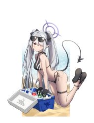 Rule 34 | 1girl, ass, beach, bikini, black bikini, blue archive, blush, bow, breasts, can, cleavage, cola, commentary request, cooler, dark skin, demon girl, demon tail, drink can, eyewear on head, full body, hair bow, hair over one eye, hair ribbon, highres, ice, ice cube, iori (blue archive), iori (swimsuit) (blue archive), kneeling, legs up, long hair, looking at viewer, medium breasts, multi-strapped bikini bottom, navel, ocean, otakummm, pointy ears, red eyes, ribbon, sandals, side-tie bikini bottom, sidelocks, silver hair, soda can, solo, stomach, sunglasses, swimsuit, tail, thighlet, twintails, wet, wet clothes, wet swimsuit